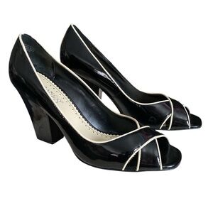 FRANCO SARTO Black Patent Leather White Trim Peep-toe Block Heel Pump Size 9.5M